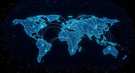 3D Illustration of Global Communication Grid with Glowing Optical Lines
