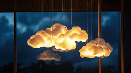 Soft, illuminated cloud shaped lights hang gracefully, creating whimsical ambiance in modern space. warm glow contrasts beautifully with evening sky, enhancing overall
