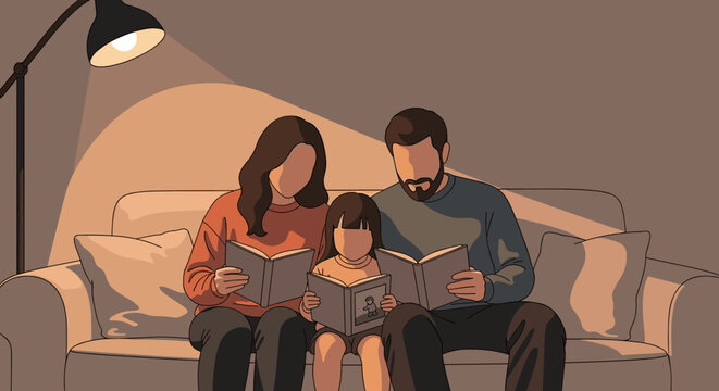 A young caucasian family, with a man, woman, and child, reading together on a sofa under a floor lamp in a cozy, warmly lit room.
