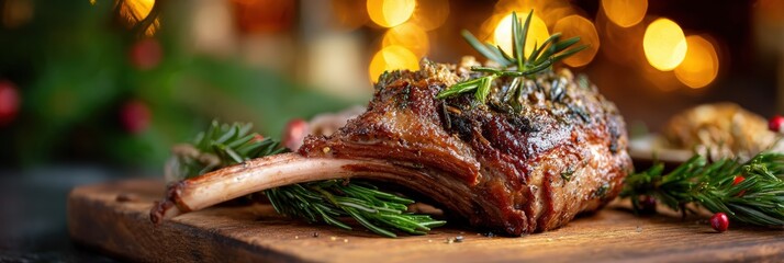 A piece of meat with herbs on top of a wooden cutting board