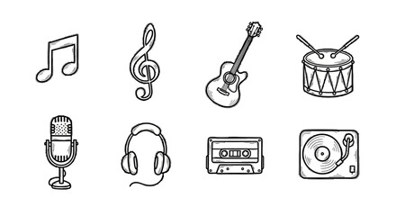 Obraz premium Handdrawn music icons: instruments and sound equipment collection