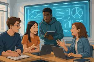 Four diverse young adults engaged in a collaborative discussion around laptops with data analytics displayed on a digital screen in a classroom setting.