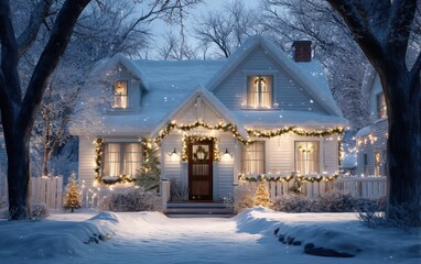 A house with a white roof and a green wreath on the door