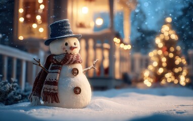 A snowman with a blue hat and a red scarf stands in the snow