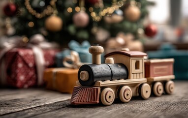 A wooden train is sitting on a wooden table