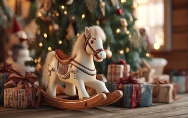 A white horse is sitting on a rocking horse