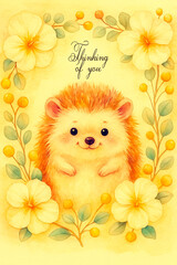 Thinking of you - card.  Cartoon hedgehog. Watercolor style.