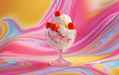 A glass of ice cream with cherries on top