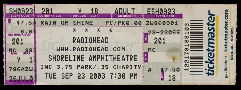 Mountain View, California - September 23, 2003 - Old used ticket stub for the Radiohead live performance at the Shoreline Amphitheatre.