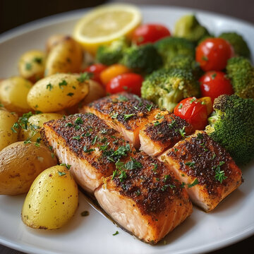 Delicioso plato saludable con salm&oacute;n a la plancha, patatas asadas, br&oacute;coli al vapor y tomates cherry, presentado con lim&oacute;n y perejil fresco. Ideal para dietas equilibradas y cocina nutritiva. Dieta