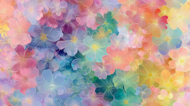 Dise&ntilde;o art&iacute;stico con flores estilizadas en tonos pastel y vivos, con p&eacute;talos delineados y efecto et&eacute;reo. Perfecto para decoraci&oacute;n, papeler&iacute;a creativa, moda floral y proyectos visuales armoniosos. Arte