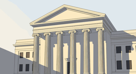 Obraz premium Classical building facade with six tall corinthian columns and triangular pediment, showcasing architectural elegance.