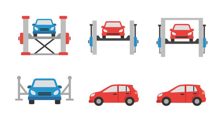 Fototapeta premium Car lift mechanism set: front and side views in modern flat design