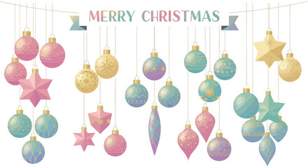 Festive merry christmas greeting with hanging ornaments in pastel colors and gold accents