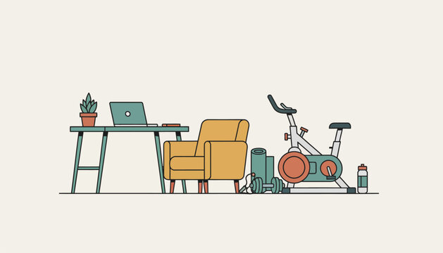 A cozy corner with sports equipment nearby a workspace representing the integration of fitness into daily routines.