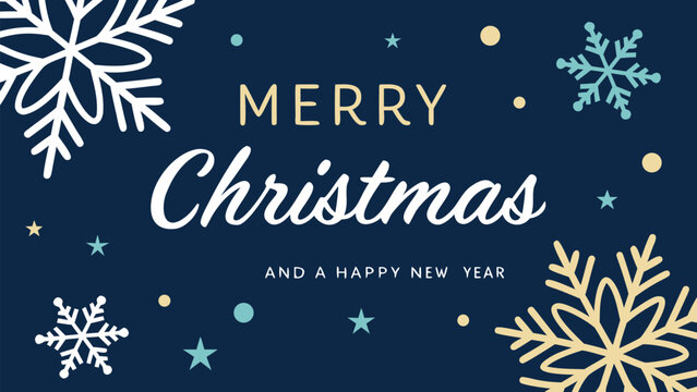 Merry christmas and a happy new year greeting card with snowflakes on dark blue background - Powered by Adobe