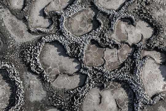 Salt textures over cracked mud in a desert landscape