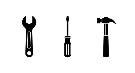 Silhouette icons of tools: wrench, screwdriver, and hammer on white background
