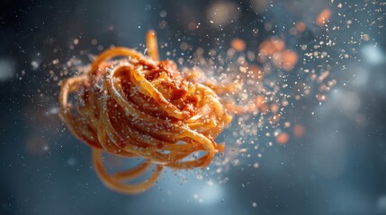 A piece of spaghetti with sauce and cheese on it