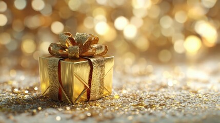 A gold box with a bow on top of it