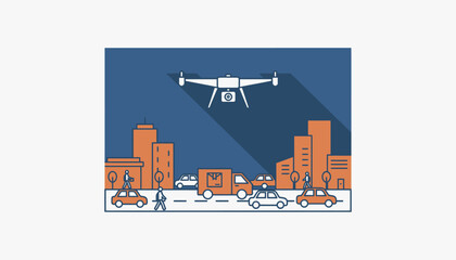 A security drone overseeing a delivery route ensuring safe passage through a bustling city filled with pedestrians and traffic.