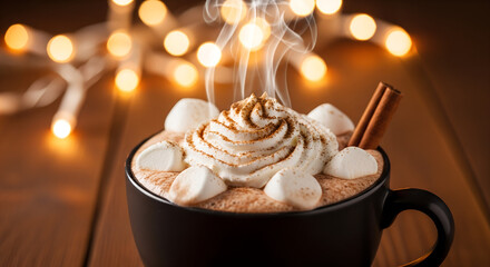 Hot chocolate with whipped cream, marshmallows, and cinnamon stick on wooden table with bokeh lights. Cozy winter drink and holiday comfort concept for Christmas season.