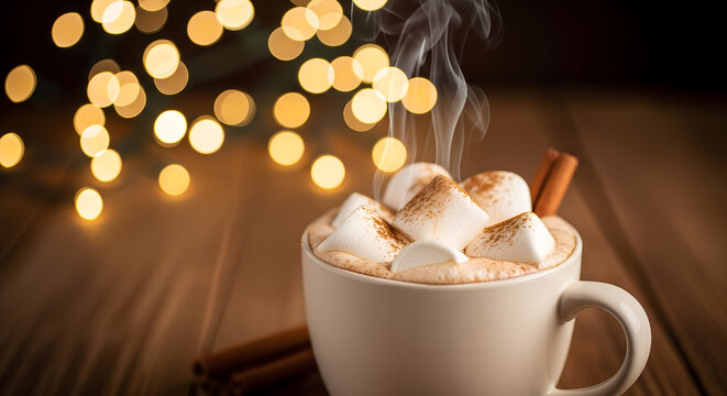 Hot chocolate with whipped cream, marshmallows, and cinnamon stick on wooden table with bokeh lights. Cozy winter drink and holiday comfort concept for Christmas season.