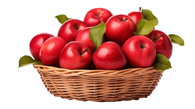 A basket filled with many red apples and green leaves against a black background in a studio shot