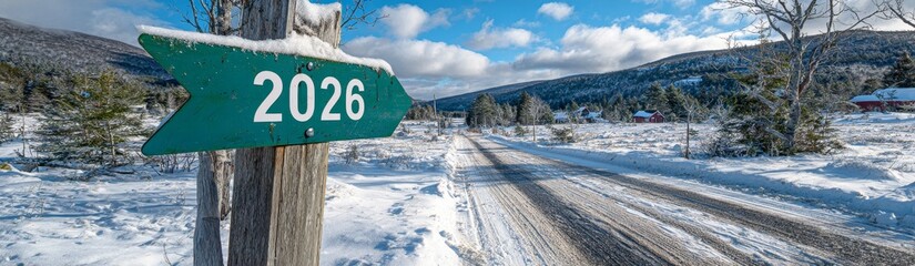 sign with the year 2026 in a snowy landscape