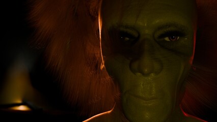 3d render of orc like figure staring at camera with fire in background