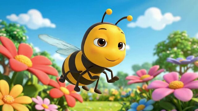 Animated bee happily buzzing through a vibrant flower garden in a sunny meadow perfect for kids content and playful designs