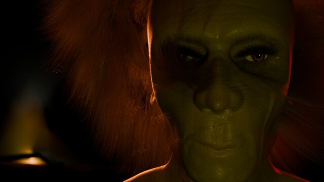 3d render of orc like figure staring at camera with fire in background