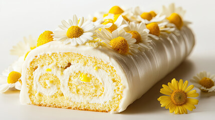 Lemon cream roll cake decorated with flowers, delightful dessert. soft texture and vibrant colors make it appealing treat for any occasion