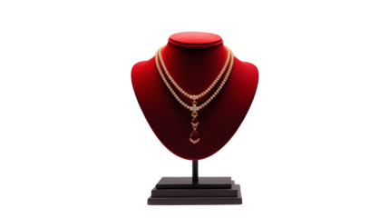 A red velvet jewelry display stand showcasing a two strand pearl necklace with a teardrop pendant