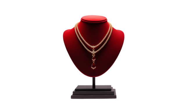 A red velvet jewelry display stand showcasing a two strand pearl necklace with a teardrop pendant