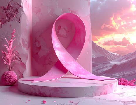 A large, pink ribbon symbol rests on a platform in a pink abstract setting, with a mountain range backdrop - Powered by Adobe