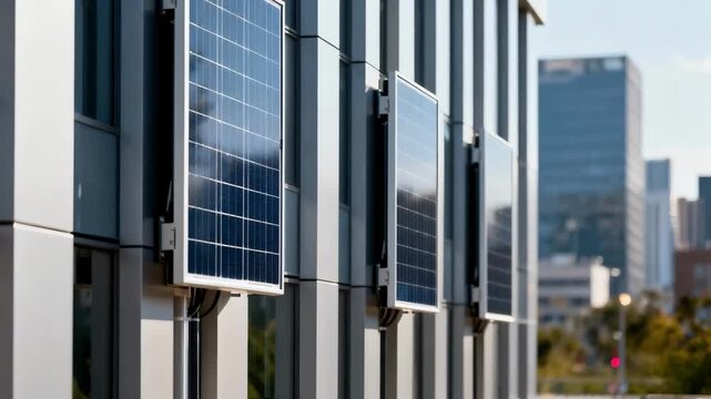 Closeup medium view of sleek vertical solar panels mounted on a city building exterior emphasizing cuttingedge design and ecofriendly urban infrastructure.