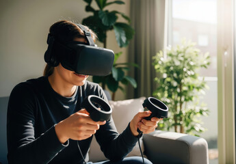 Woman enjoying virtual reality gaming with headset and controllers