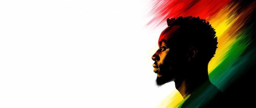 African American man portrait with red yellow green brush strokes on white background, wide banner with copy space, Black History Month, cultural pride, identity, unity