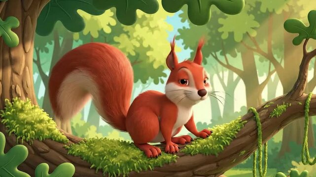 Animated squirrel character happily sitting on tree branch in bright forest scene for children's animated entertainment projects