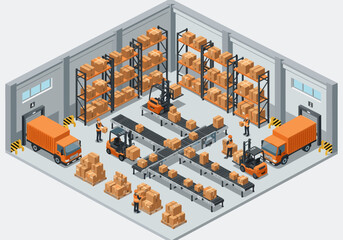 3D isometric illustration of a modern warehouse with workers managing inventory on shelves and conveyor systems for shipping and delivery