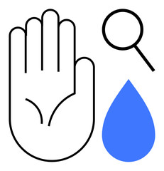 Obraz premium Open palm with bold lines, magnifying glass for observation, and blue droplet symbolizing water or fluid essence. Ideal for themes thumbs up healthcare, analysis, ecology, safety, hygiene, awareness