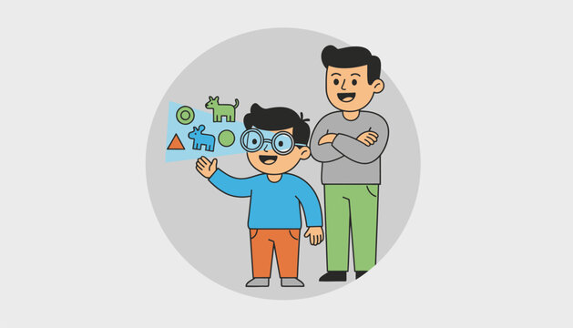 A child using augmented reality glasses for an interactive learning experience while a parent observes with pride and interest.