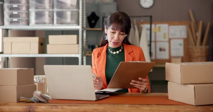 Video call, laptop and logistics with woman in warehouse for courier order, delivery confirmation and wave. Supplier checklist, virtual chat and ecommerce distribution with person in factory