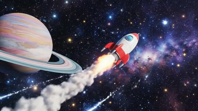 Rocket blasting off towards the stars and moon, a cosmic journey of dreams, aspirations and reaching for the impossible in vibrant space