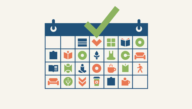 A calendar filled with balanced commitments showcasing the benefits of scheduling downtime and selfcare activities.