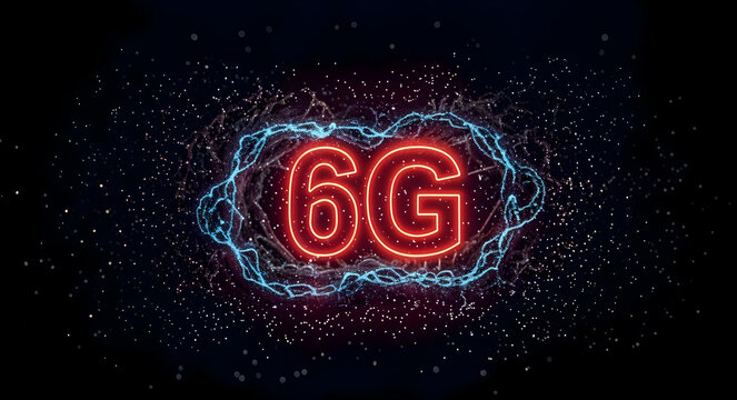 Abstract Cyber Visualization of Glowing 6G Symbol with Energy Rings