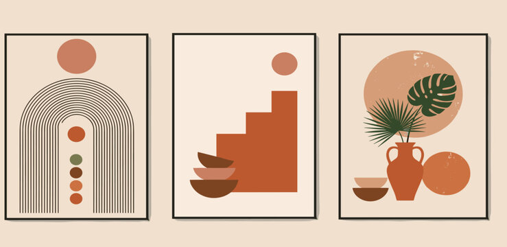 Bohemian Abstract Art Trio Featuring Terracotta Hues and Organic Shapes for Home Decor