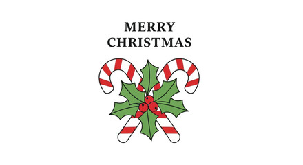 Festive merry christmas greeting with crossed candy canes and holly berries on a white background