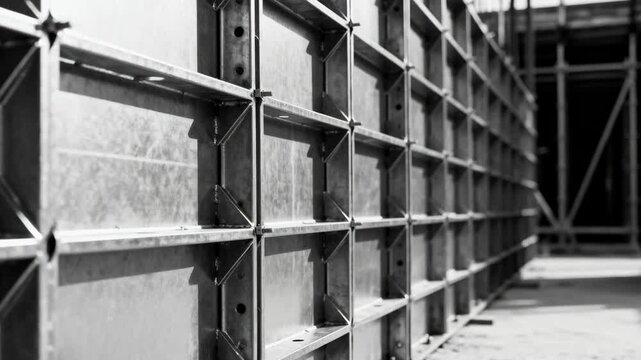 Medium shot focusing on steel formwork panels set up onsite capturing the rigidity and modular design against a blurred construction background.